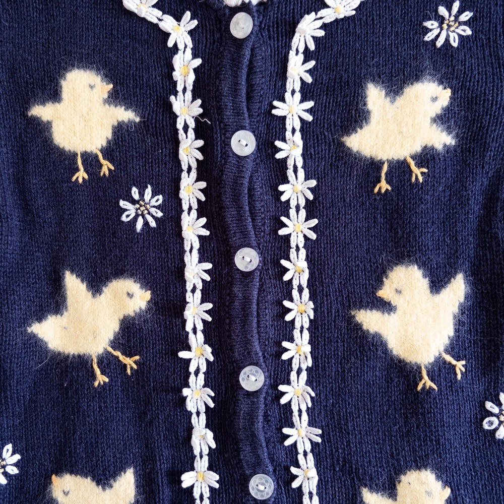 Vintage Hartstrings Cardigan Sweater Navy Blue Chick Daisy 90s Kids Size 4T/5 - Picture 3 of 9